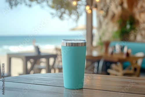 Obraz na płótnie Blue Tumbler on Wooden Table with Beach View w salonie