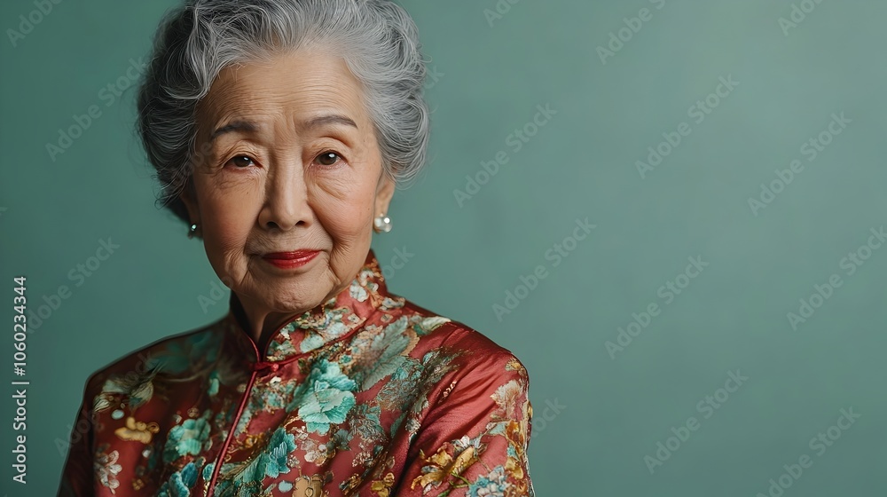 Elegant and Contemplative Portrait of an Elderly East Asian Woman Dressed in a Classic Cheongsam Garment Against a Sage Green Studio Backdrop Leaving Ample Copy Space Above the Subject Elegant and Contemplative Portrait of an Elderly East Asian Woman Dressed in a Classic Cheongsam Garment Against a Sage Green Studio Backdrop Leaving Ample Copy Space Above the Subject