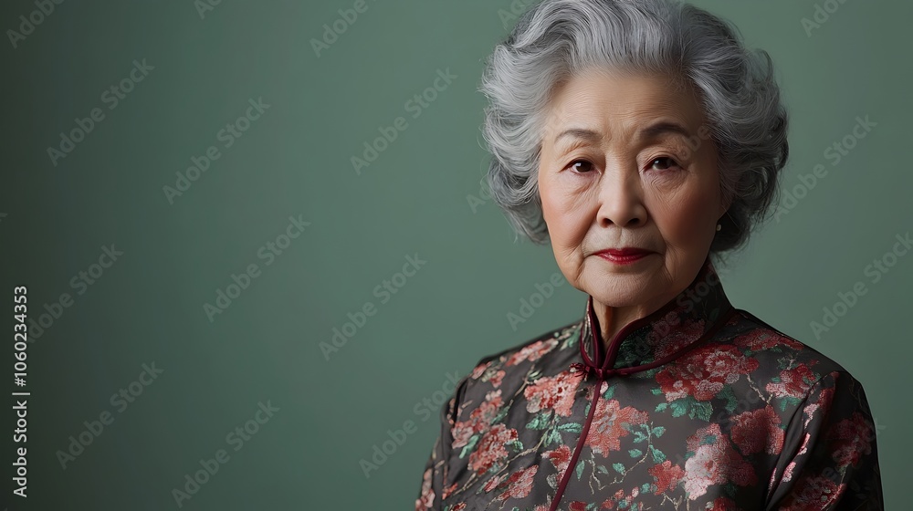 Melancholic portrait of an elderly East Asian woman dressed in a classic cheongsam on a plain sage green background leaving copy space above the subject Melancholic portrait of an elderly East Asian woman dressed in a classic cheongsam on a plain sage green background leaving copy space above the subject