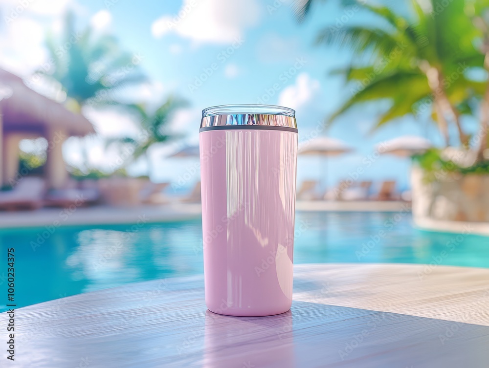 Naklejka premium Pink Tumbler Mockup by Poolside in Tropical Paradise
