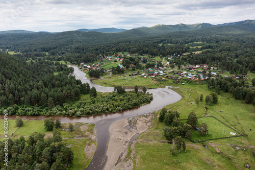 Southern Urals, the central estate of the Bashkir State Nature Reserve - Sargaya village. Aerial view. photo