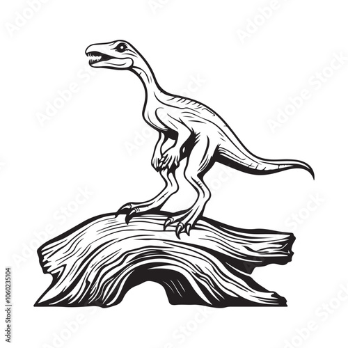 Compsognathus dinosaur  vector image. Illustration of Compsognathus dinosaur Standing on a Log, Black and White Vector photo