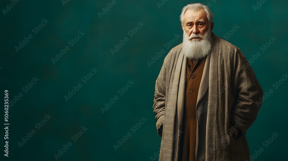 Naklejka premium A contemplative portrait of an elderly Russian man dressed in traditional Slavic robes standing against a plain forest green background with studio lighting conveying a sense of wisdom
