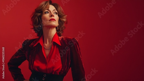 Portrait of a passionate and confident middle aged French woman dressed in a chic Parisian style ensemble posing against a plain crimson studio backdrop with dramatic lighting