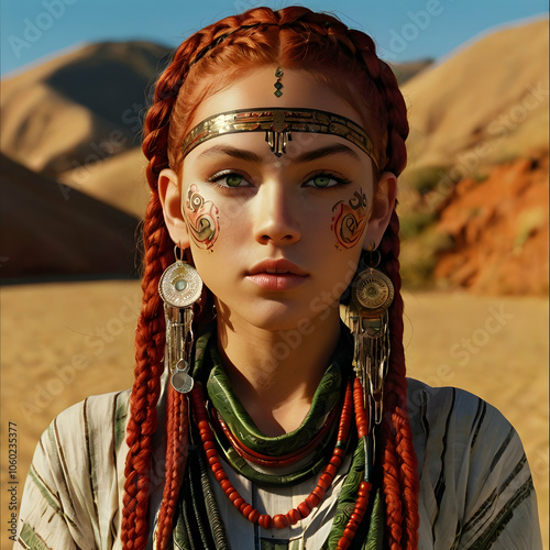 In anime style, a medium shot of a woman with giant, vibrant green eyes detailed with red and black accents. Her deep auburn braids are decorated with shining beads, and her olive skin bears bold trib