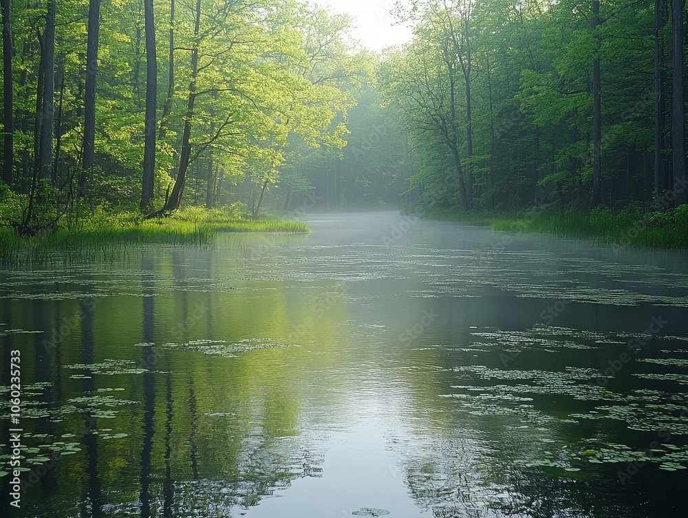Fototapeta premium Misty River Through Green Forest