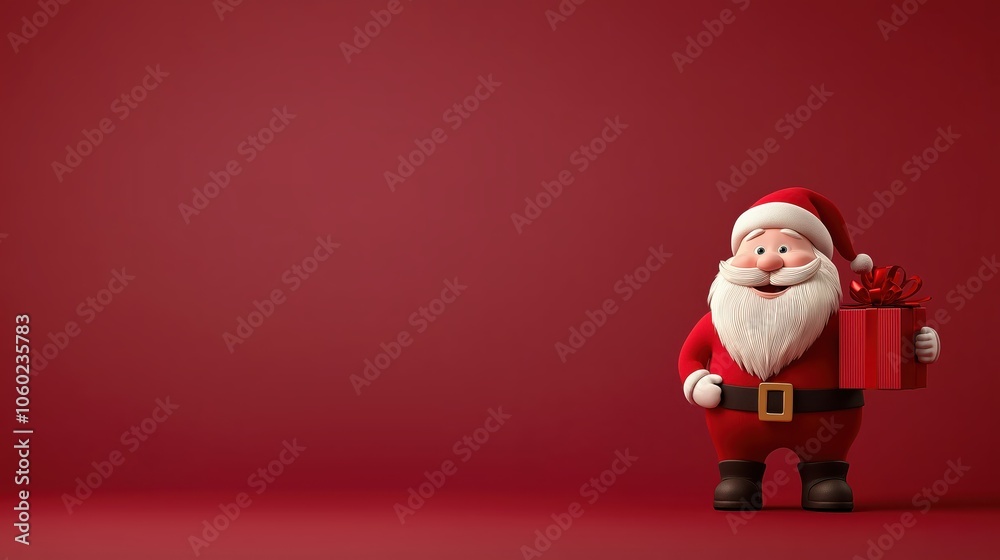 A jolly Santa Claus stands proudly with a beautifully wrapped gift in hand. The vibrant red background adds to the joyful holiday spirit, inviting warmth and celebration to the season.