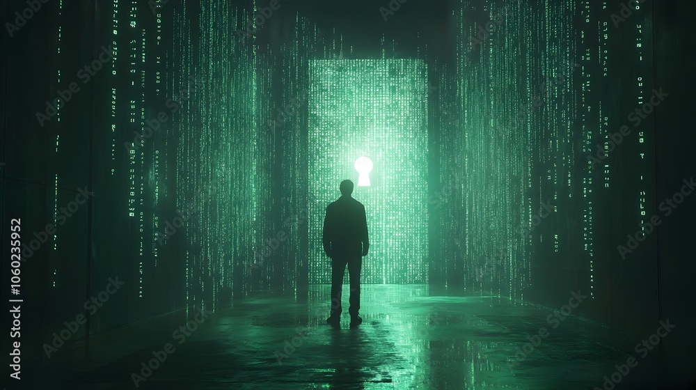 A dark futuristic room with a silhouetted figure facing a wall of encrypted digital data represented by a rain of green code with a bright impenetrable lock at the center of the scene A dark futuristic room with a silhouetted figure facing a wall of encrypted digital data represented by a rain of green code with a bright impenetrable lock at the center of the scene