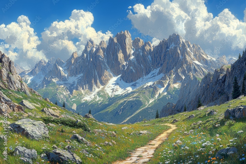 Obraz premium Majestic Mountain Trail with Wildflowers and Cloudy Sky