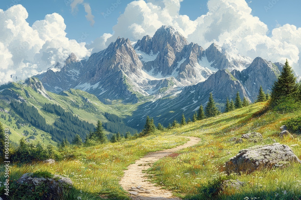 Mountain Hiking Trail Path Through Alpine Meadows Mountain Hiking Trail Path Through Alpine Meadows