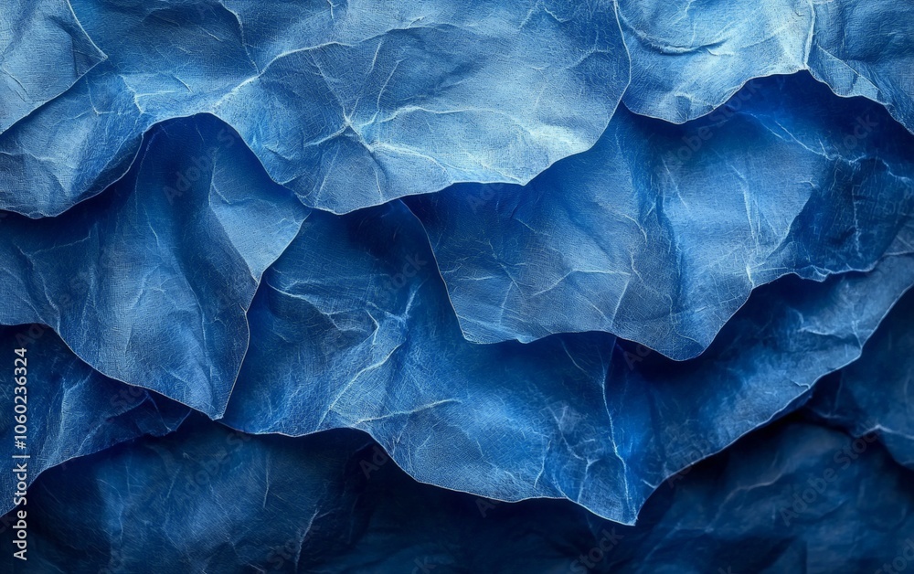 A close-up view of crumpled blue paper creating a textured, abstract background. A close-up view of crumpled blue paper creating a textured, abstract background.