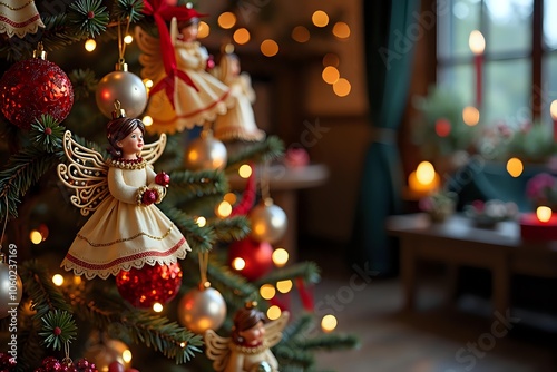 Cozy Hungarian Christmas tree decorated with straw angels, traditional glass ornaments, and sparkling szaloncukor in vibrant wrapping, warm candlelight, with copy space on the right photo