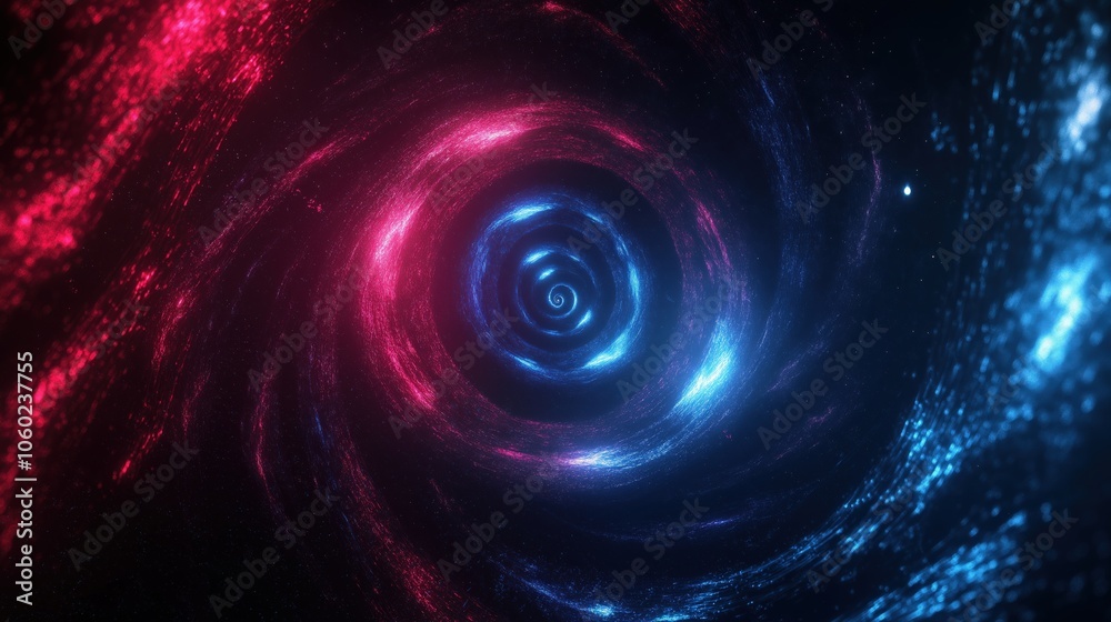 Glowing red and blue spiral orbiting in a circular pattern on a dark background