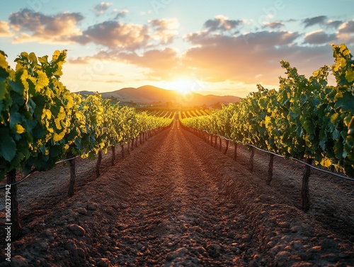 Vineyard Sunset Landscape with Rows of Grapevines