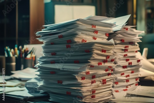 Close-up of large stack of paperwork with red paper clips on office desk photo