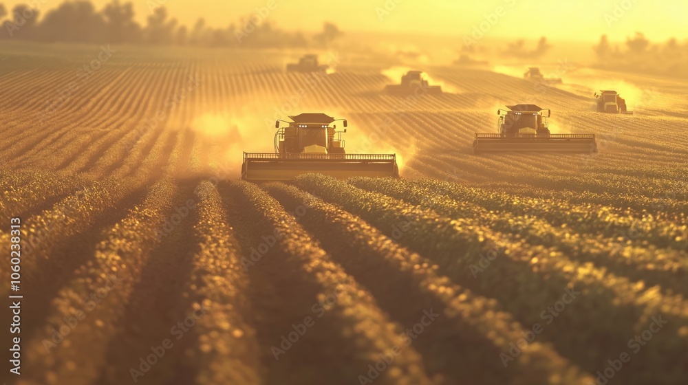 Fototapeta premium Large agricultural landscape with crops being harvested by modern machinery