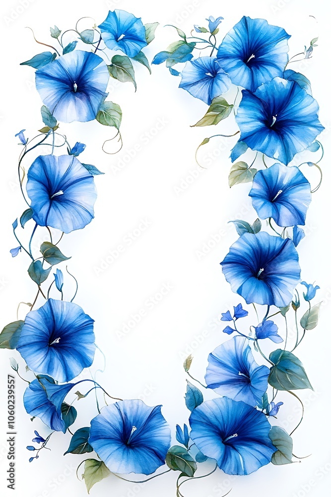 Fototapeta premium Elegant arrangement of blue flowers framing a blank space for creative designs and inspirational messages in a botanical aesthetic