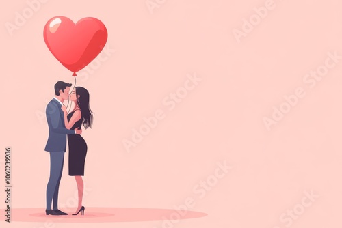 A couple shares a tender kiss while holding a heart-shaped balloon against a soft pink backdrop.