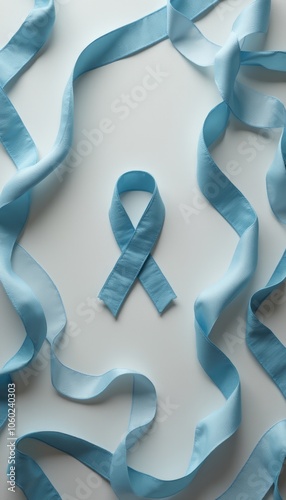 A neatly arranged blue ribbon symbolizes prostate cancer awareness on a clean, white background. photo