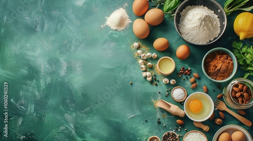 Ingredients for cooking or baking arranged from above on green kitchen counter with space for text photo