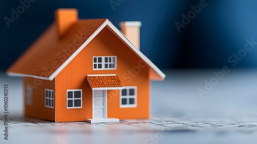 Close-up of a miniature orange house model on a blueprint