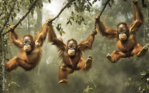 Three playful orangutans swinging on vines in a lush jungle setting.