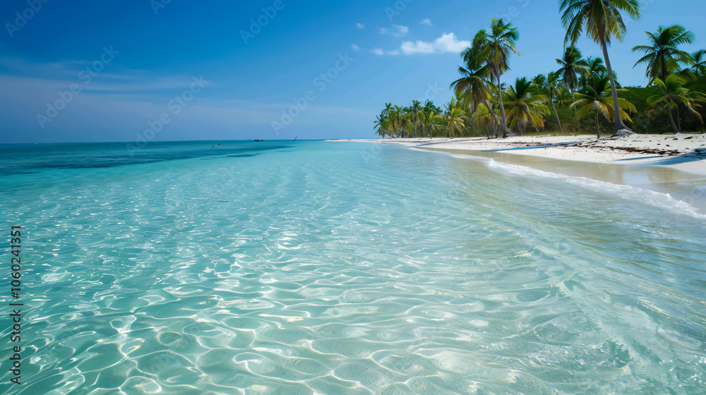 Fototapeta premium A tranquil beach scene with clear waters and palm trees swaying gently in the breeze.