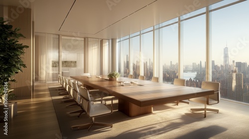 A modern conference room with a large table and panoramic city views, designed for meetings and collaboration.