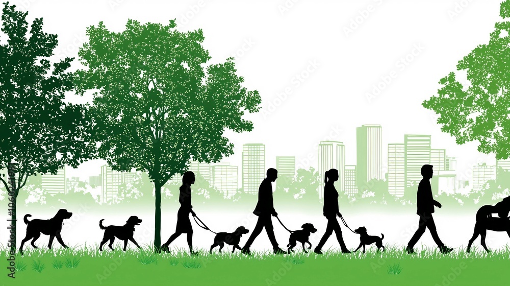 Dogs and Owners Walking in Park Illustration Dogs and Owners Walking in Park Illustration