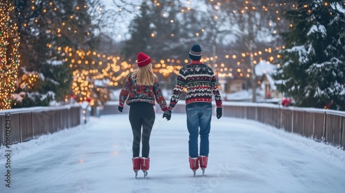 Outdoor ice rink with couples skating in holiday sweaters photo