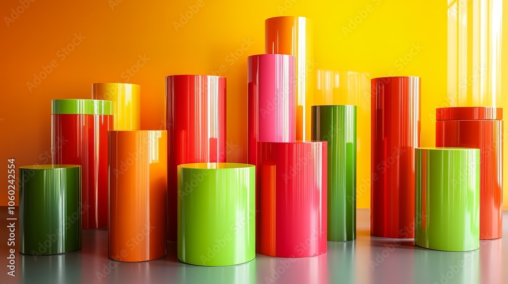 Colorful cylindrical objects in varying heights against a bright backdrop. Colorful cylindrical objects in varying heights against a bright backdrop.