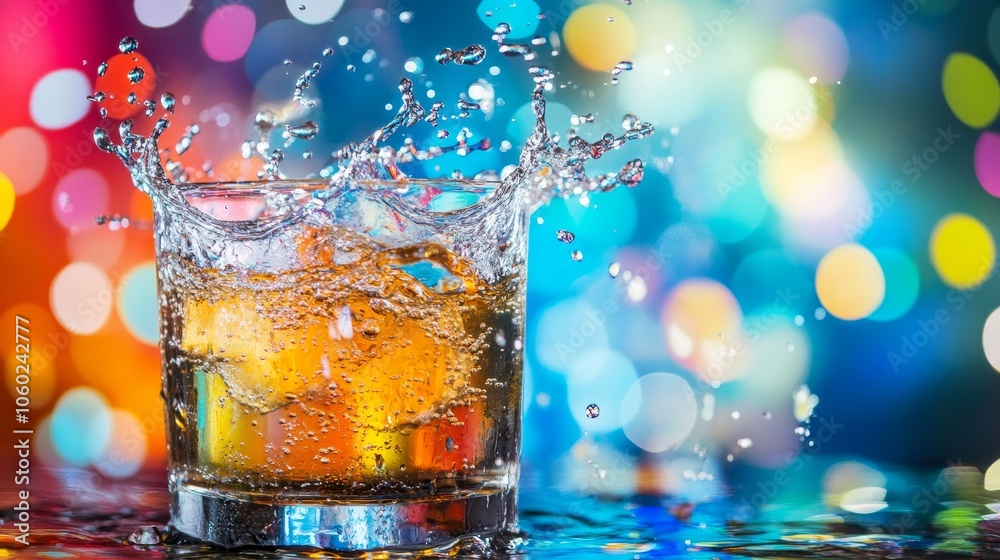 A splash of a drink in a glass against a colorful, blurred background. A splash of a drink in a glass against a colorful, blurred background.