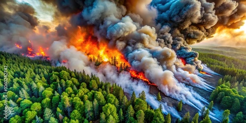 Aerial Tilt-Shift Photography of Wildforest Fire: Ecological Disaster and Environmental Hazard with Smoke, Damage, and Pollution Impacting Forest Trees and Wildlife photo