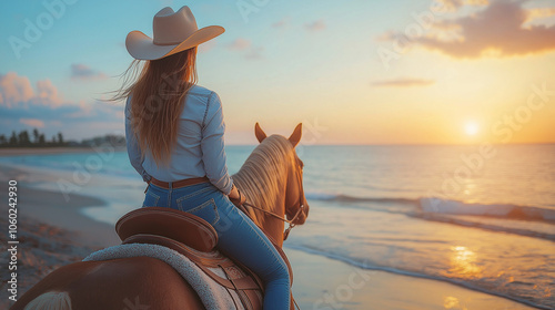 A beautiful woman riding a horse on the beach at sunset, wearing jeans and a cowboy hat, with a blue sky in the background, a tranquil sea, and warm golden light. The shot is taken
