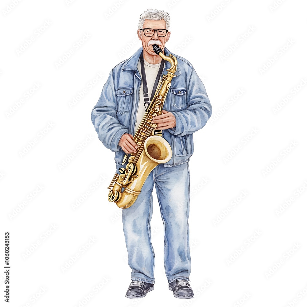 Naklejka premium Watercolor Illustration of a Senior Man Playing Saxophone.