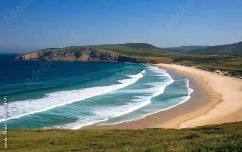 Scenic view of a tranquil beach with gentle waves and lush green hills under a clear blue sky.