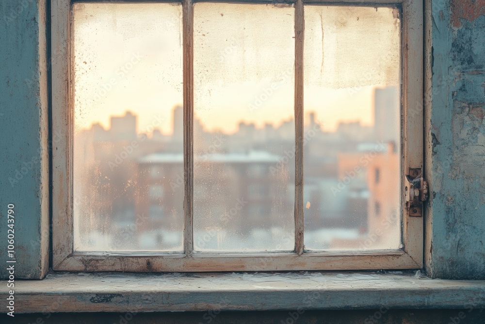 Fototapeta premium urban water damage, a loft apartment with a tranquil interior setting, featuring minor water damage on a window sill overlooking a bustling cityscape