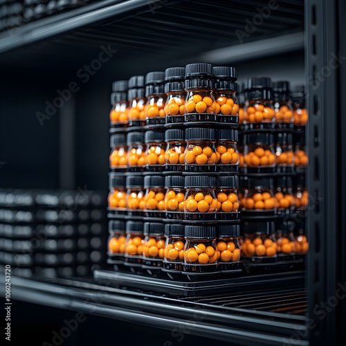 Shelves stocked with vibrant orange dietary supplements photo
