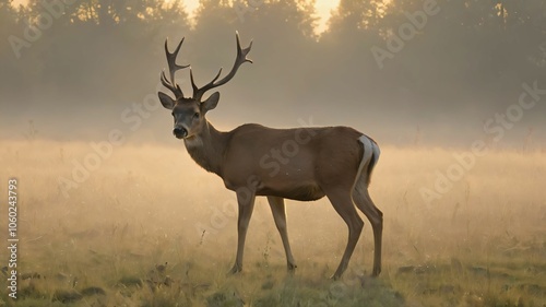 Wild deer grazing in a misty meadow at sunrise