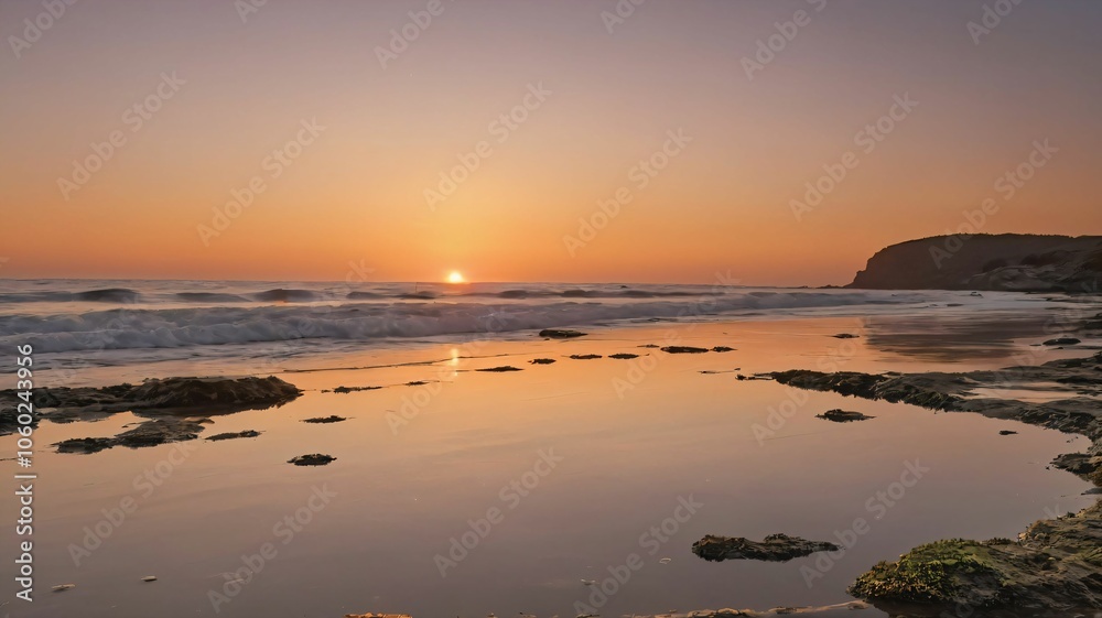 Obraz premium Sunset over a beach with tide pools reflecting the orange sky