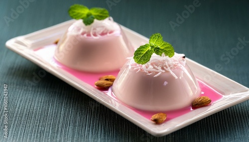 Malabi is a creamy pudding dessert flavored with rose water and garnished with coconut flakes, nuts and syrup. photo