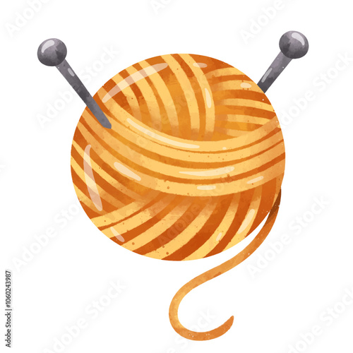 Knit yarn ball and needle vector illustration, wool yarn and knitting needles clip art, hand drawn watercolor painting style