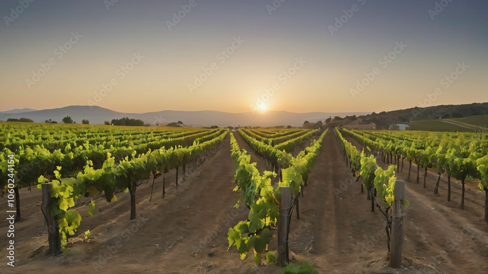 Scenic vineyard at sunrise with rows of grapevines