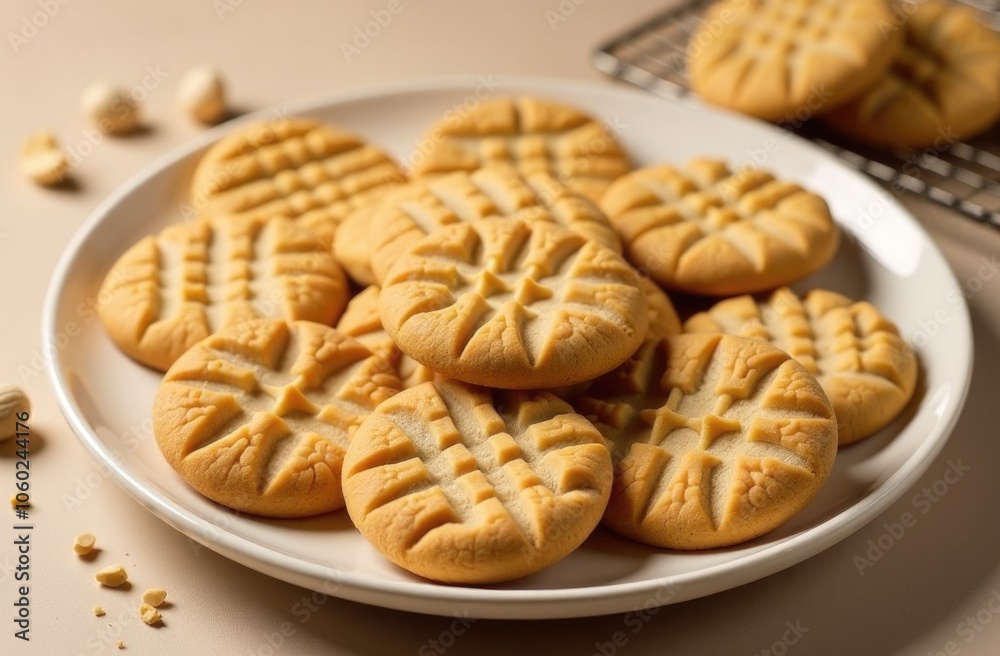 Delicious homemade peanut butter cookies on a white plate. Family traditions during the holidays Delicious homemade peanut butter cookies on a white plate. Family traditions during the holidays