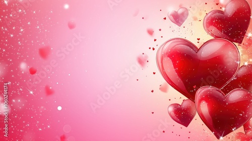 Glossy red hearts scattered across a vibrant pink gradient background