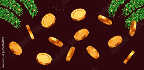 3d flying gold shiny coins with Christmas tree brancheson vinous isolated background. Rich or casino luck concept. Precious expensive treasure. Stock vector illustration.	
