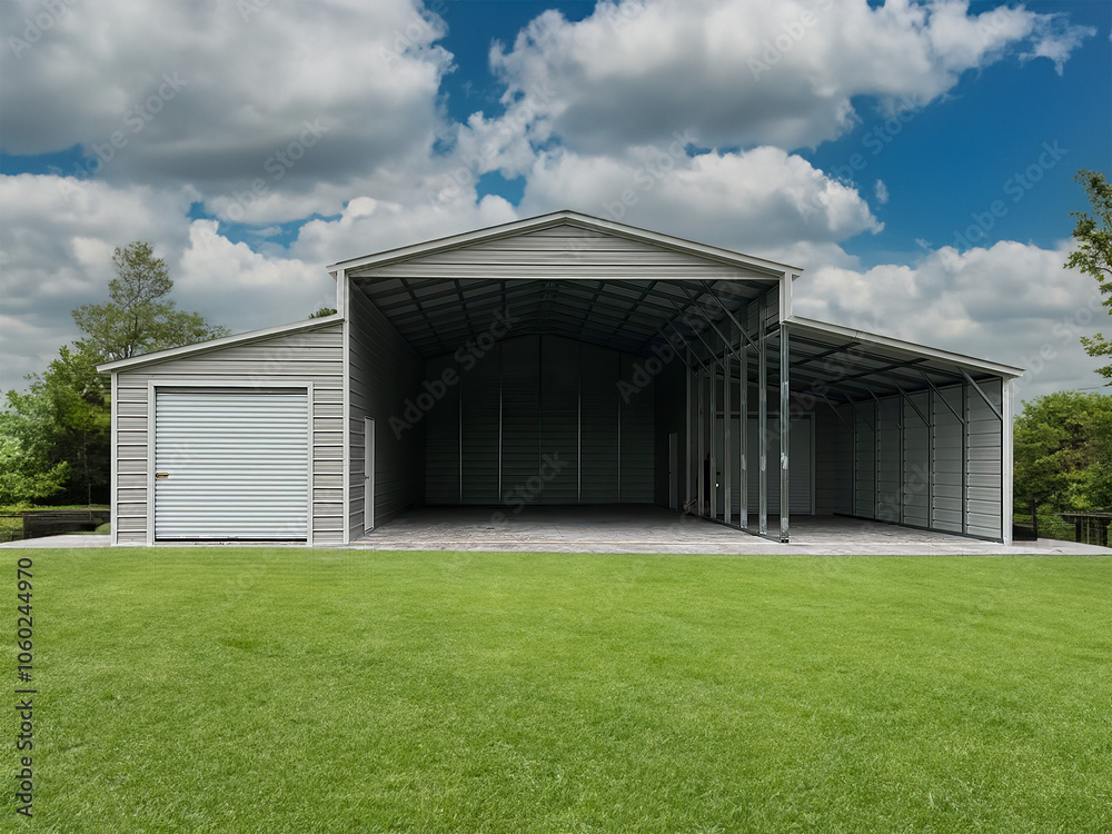 3d illustration of metal building storage with natural background. 3d illustration of metal building storage with natural background.