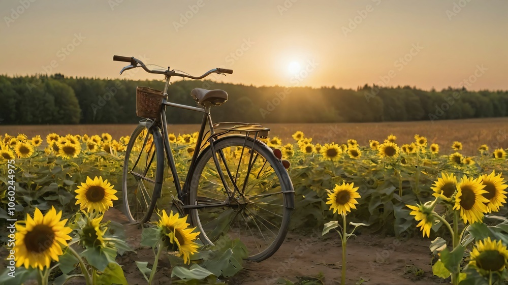 Naklejka premium Old bicycle leaning against a field of sunflowers at golden hour