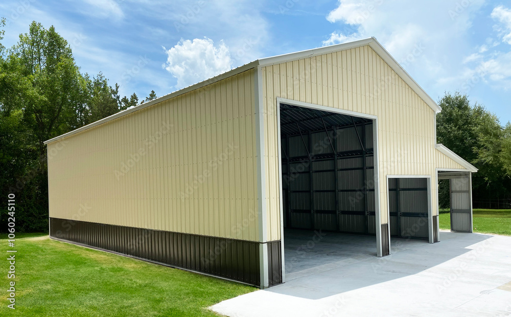 Obraz premium 3d illustration of metal building storage with natural background.