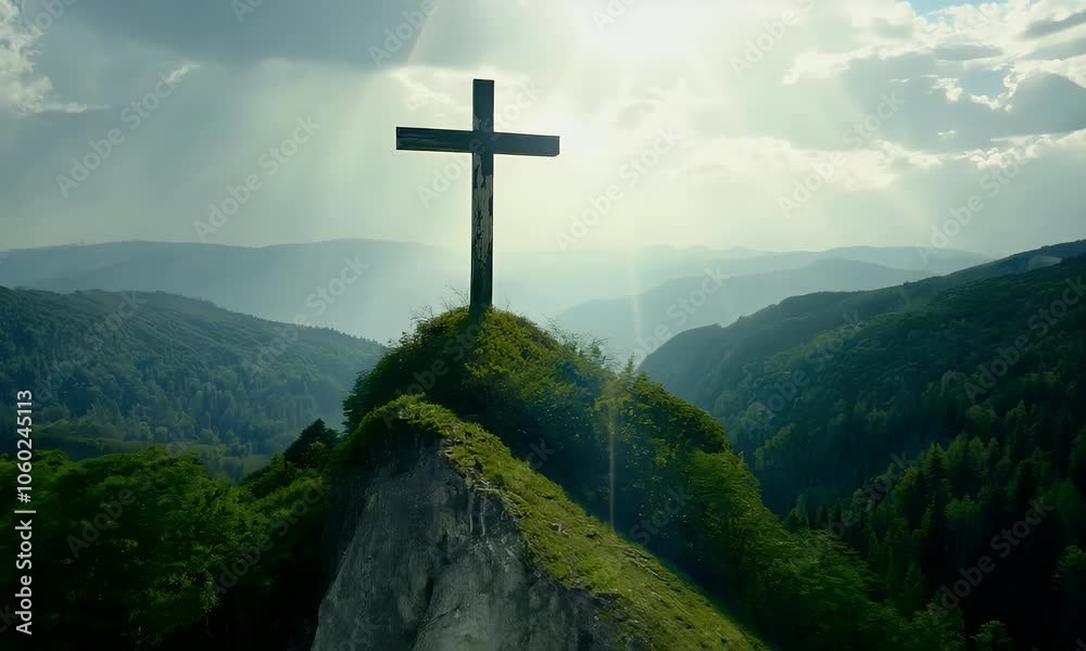 A Wooden Cross Stands Tall on a Mountaintop, Surrounded by Lush Green Forest, with a Bright Sun Shining Through the Clouds A Wooden Cross Stands Tall on a Mountaintop, Surrounded by Lush Green Forest, with a Bright Sun Shining Through the Clouds